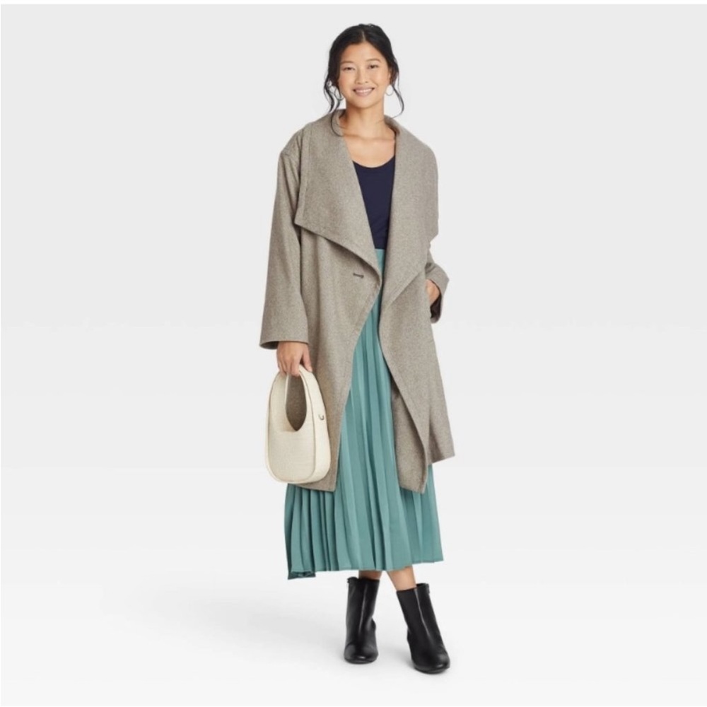 a new day Gray Textured Knee Length Belted Wrap Trench Coat